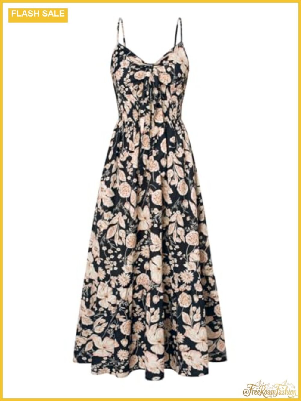 Women's Floral Maxi Dress Smocked Waist V-Neck Spaghetti Strap Summer Beach